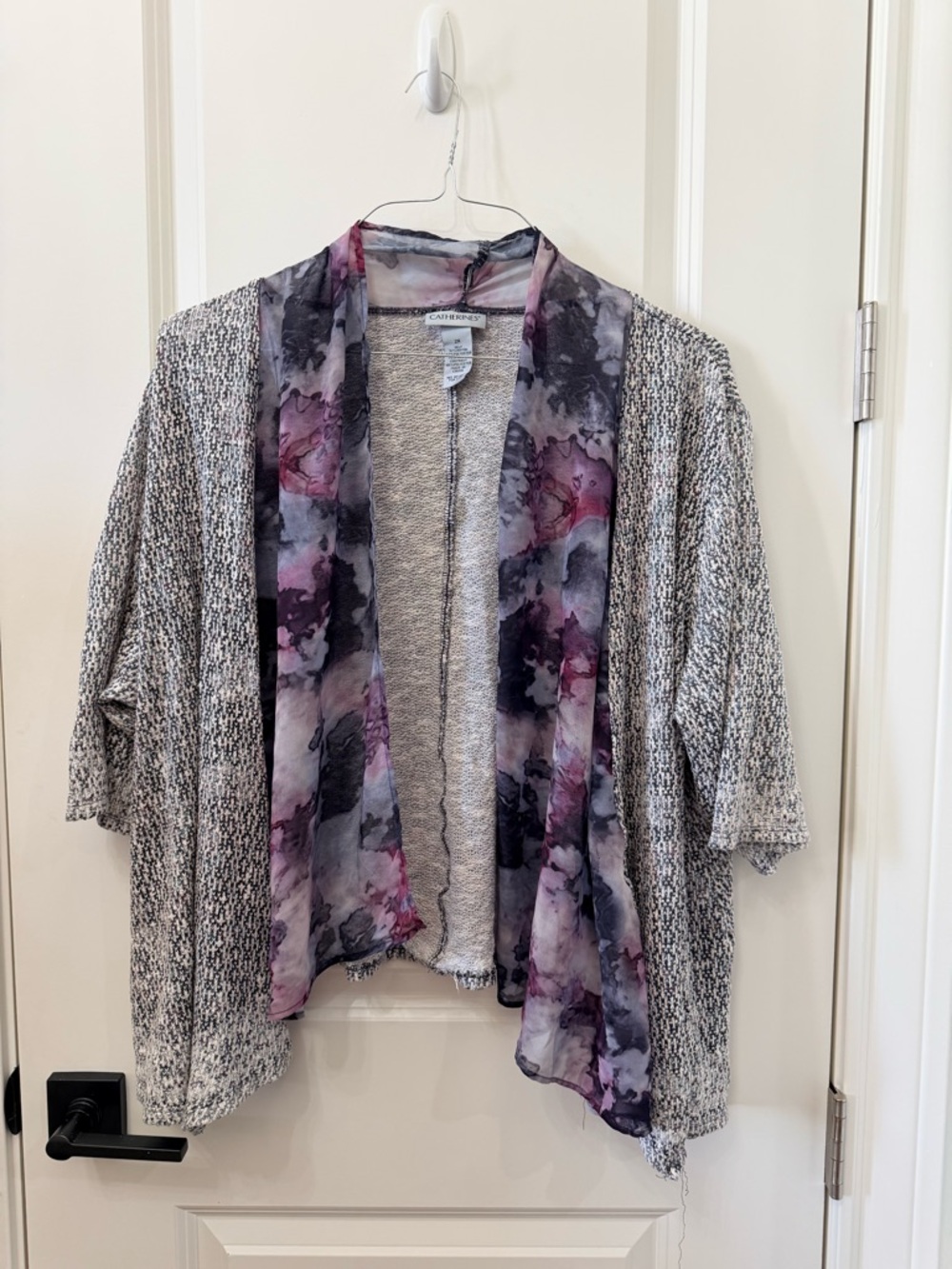 Catherines Light Gray Knit Open-Front Cardigan with Floral Scarf Trim